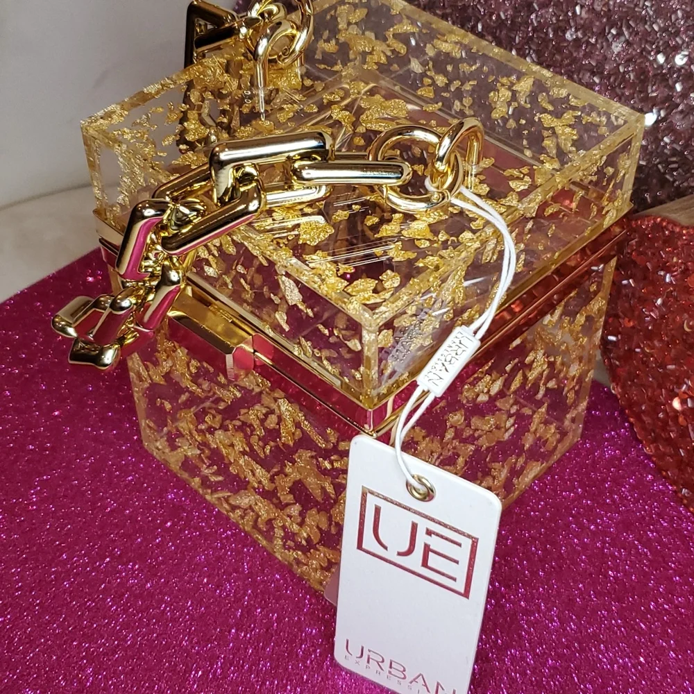 🎉HP🎉Urban Expressions 💜NWT💜 Acrylic Gold Foil Box Bag & Gold Chain Handle! - Picture 4 of 15
